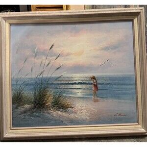Vintage Oil Paintings Signed L. Marcus Seascape Framed Beach Ocean 25x28